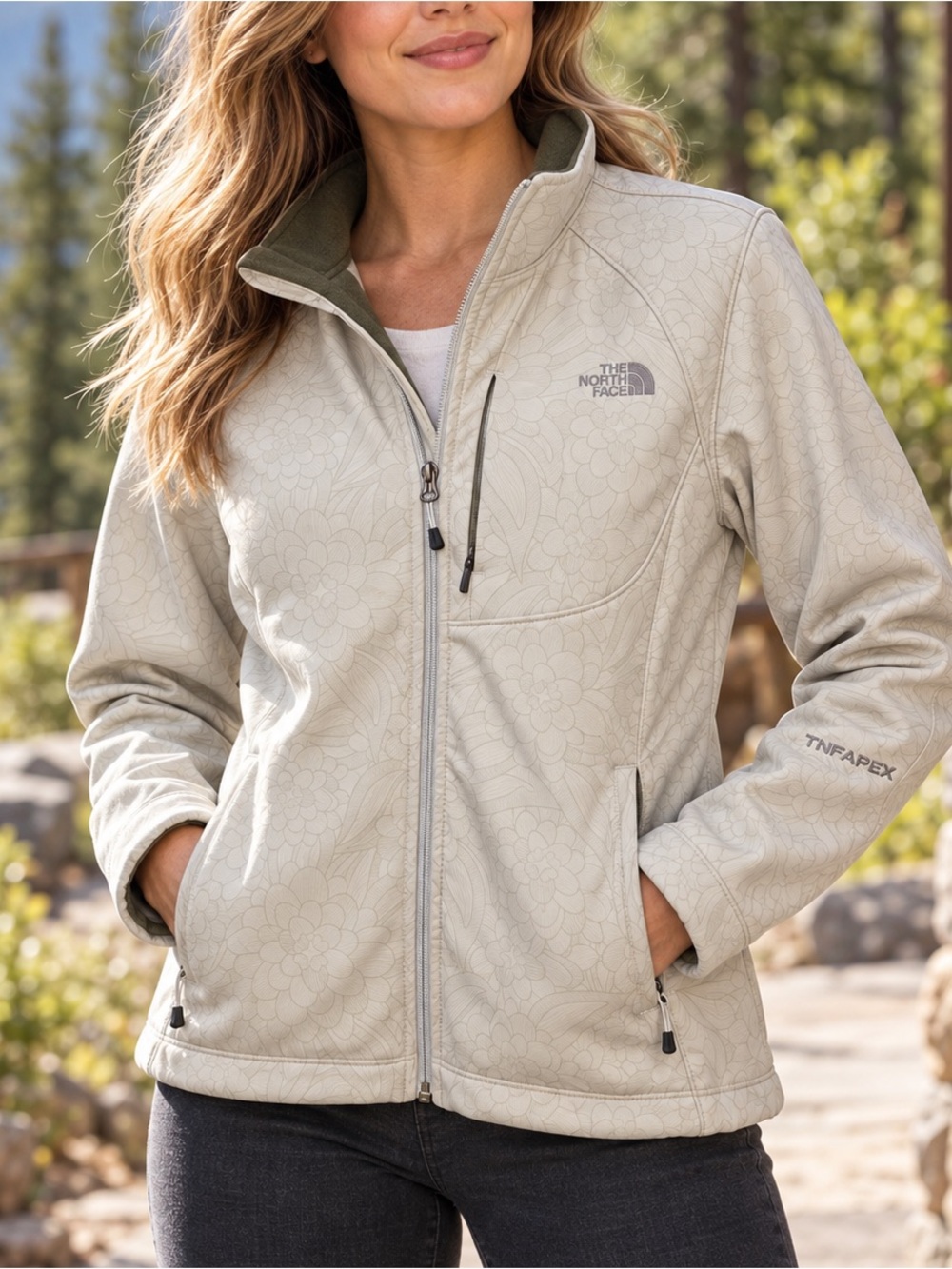 The North Face TNF Apex Bionic Floral Softshell Jacket Ivory Cream Olive Large